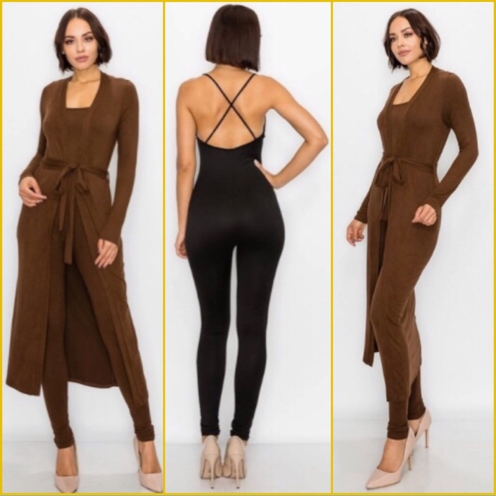 Elle Brown Belted Cardigan & Jumpsuit Set
